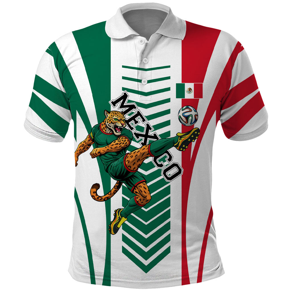 Personalized Mexico Football Polo Shirt Mexican Flag Jaguar Mascot Soccer Ball
