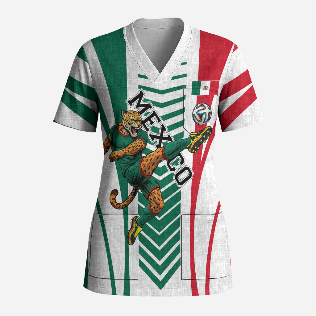 Personalized Mexico Football Scrub Top Mexican Flag Jaguar Mascot Soccer Ball