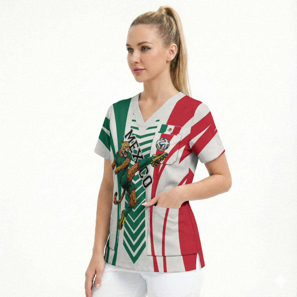 Personalized Mexico Football Scrub Top Mexican Flag Jaguar Mascot Soccer Ball
