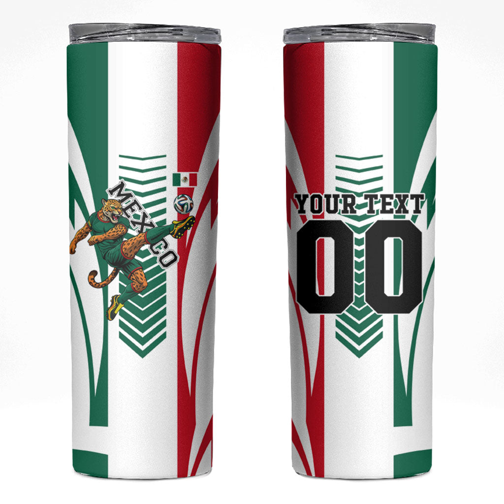 Personalized Mexico Football Skinny Tumbler Mexican Flag Jaguar Mascot Soccer Ball