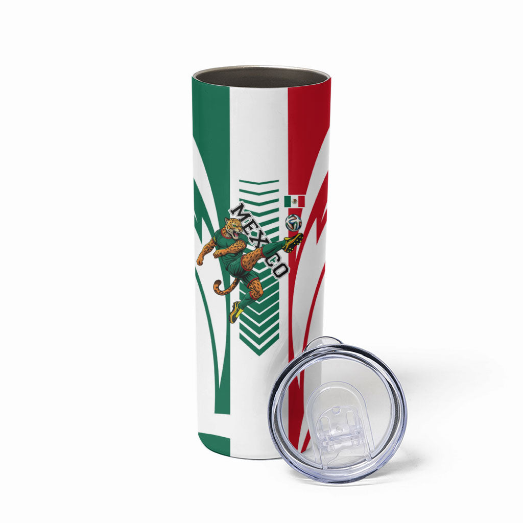 Personalized Mexico Football Skinny Tumbler Mexican Flag Jaguar Mascot Soccer Ball