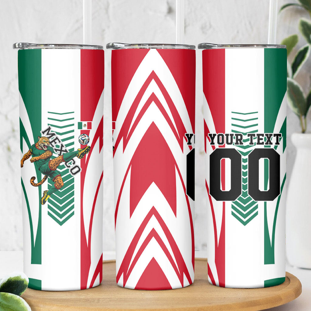 Personalized Mexico Football Skinny Tumbler Mexican Flag Jaguar Mascot Soccer Ball