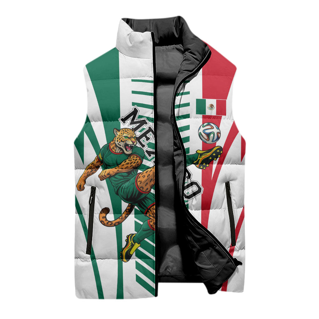 Personalized Mexico Football Sleeveless Puffer Jacket Mexican Flag Jaguar Mascot Soccer Ball
