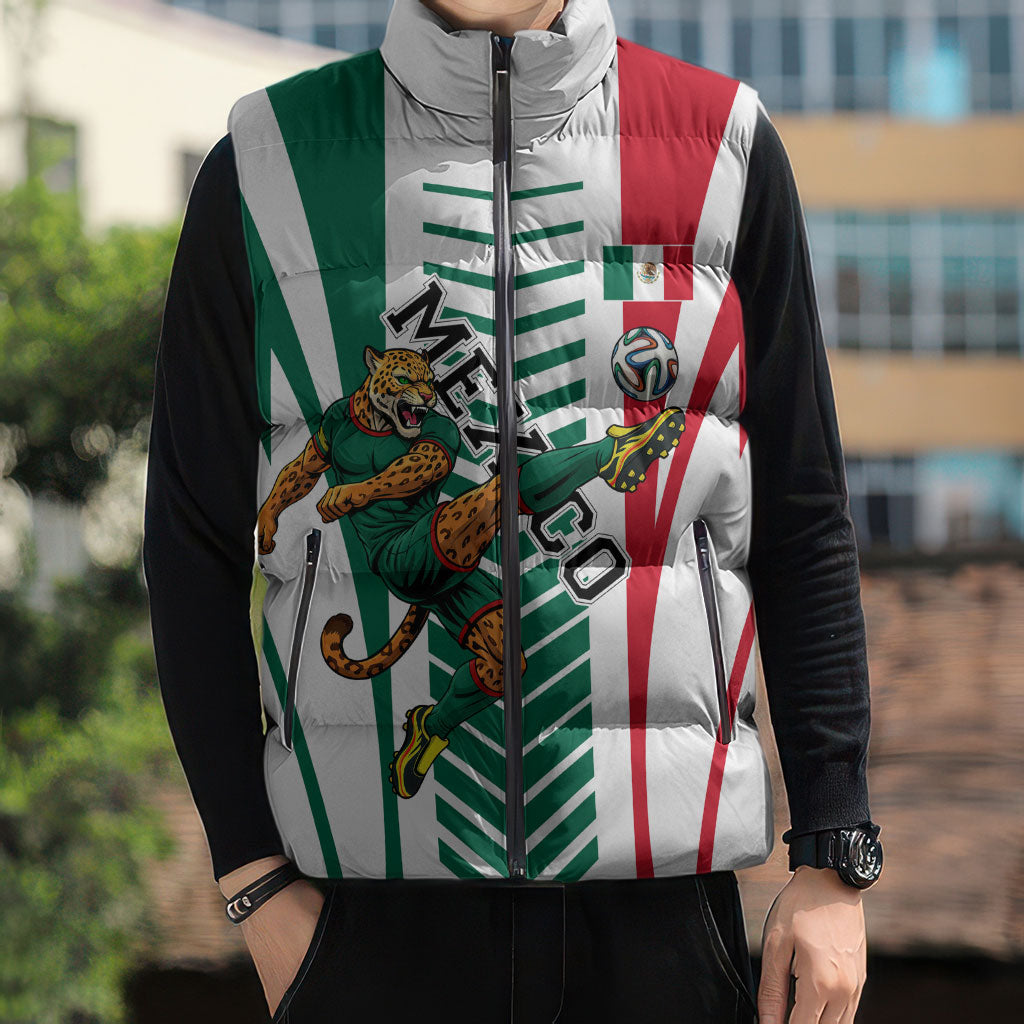 Personalized Mexico Football Sleeveless Puffer Jacket Mexican Flag Jaguar Mascot Soccer Ball