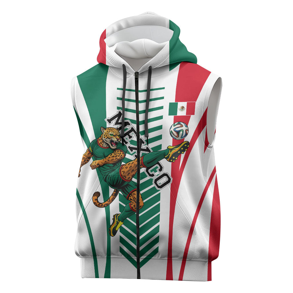 Personalized Mexico Football Sleeveless Zip Hoodie Mexican Flag Jaguar Mascot Soccer Ball