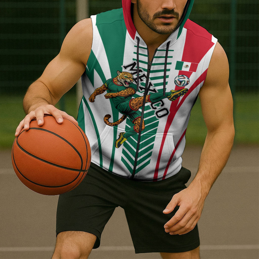 Personalized Mexico Football Sleeveless Zip Hoodie Mexican Flag Jaguar Mascot Soccer Ball