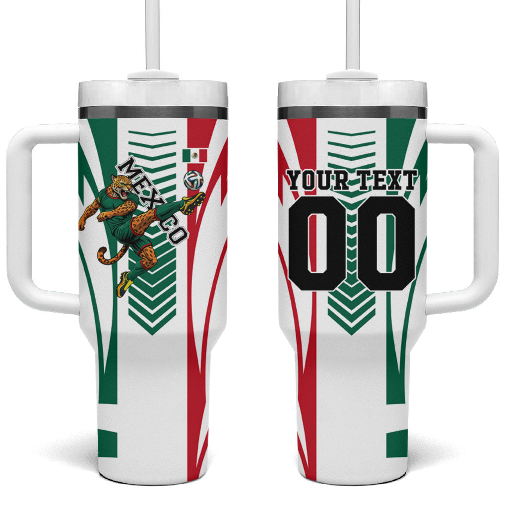 Personalized Mexico Football Tumbler With Handle Mexican Flag Jaguar Mascot Soccer Ball