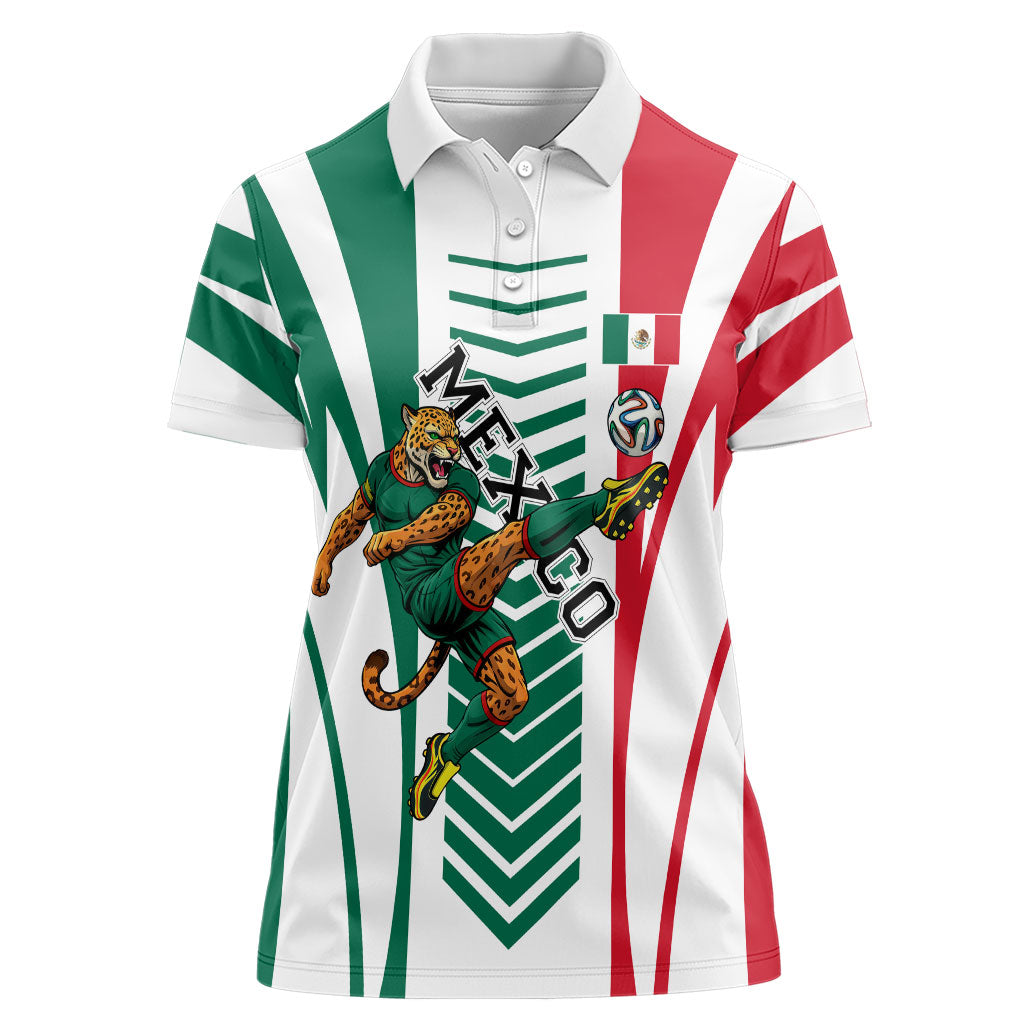 Personalized Mexico Football Women Polo Shirt Mexican Flag Jaguar Mascot Soccer Ball