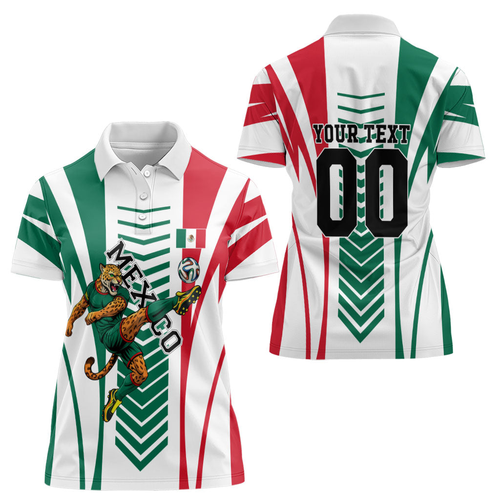 Personalized Mexico Football Women Polo Shirt Mexican Flag Jaguar Mascot Soccer Ball