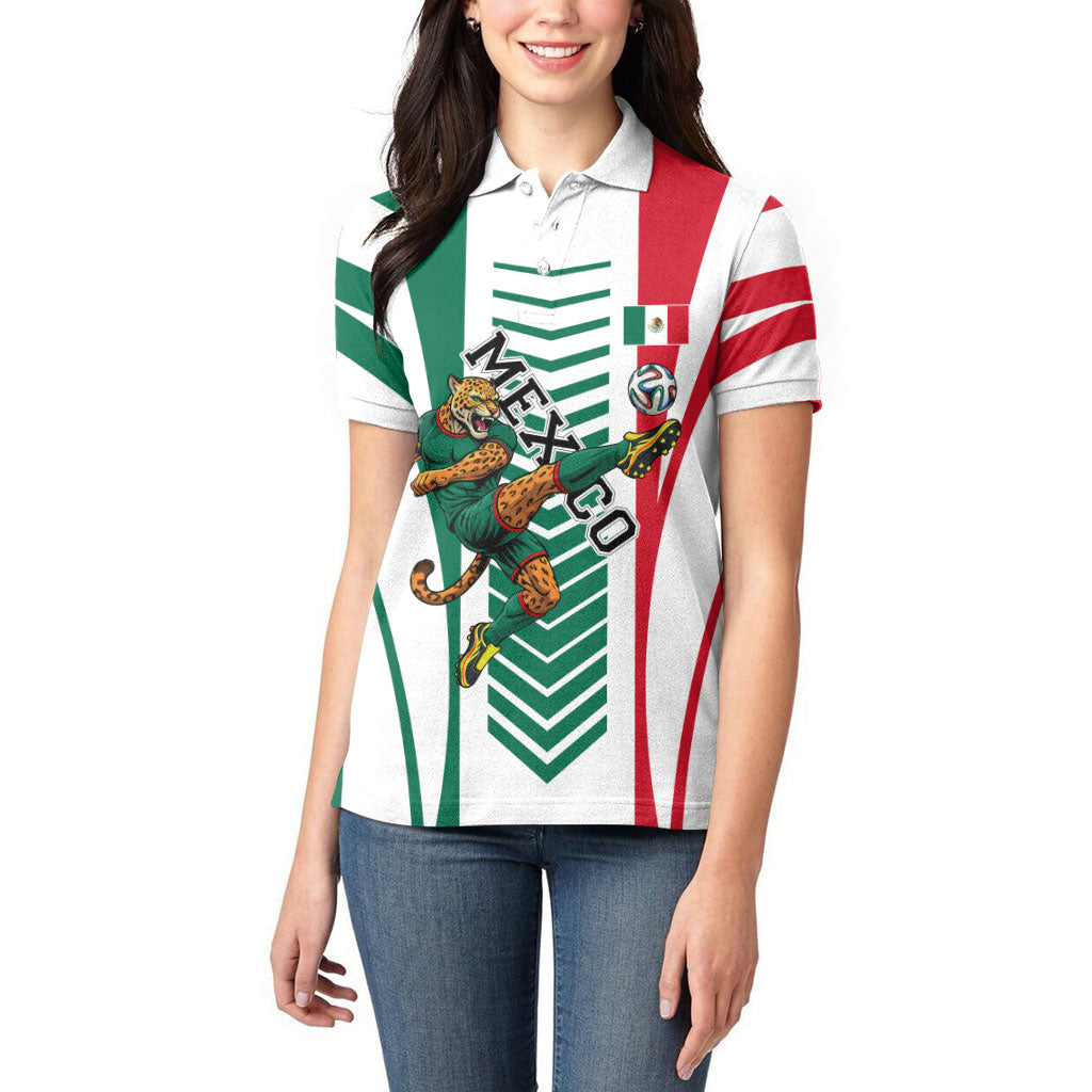 Personalized Mexico Football Women Polo Shirt Mexican Flag Jaguar Mascot Soccer Ball