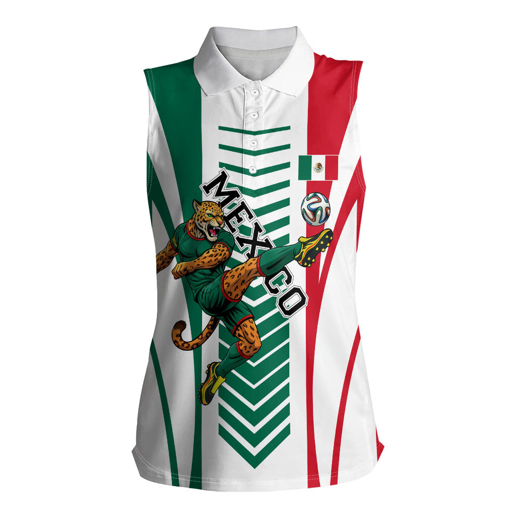 Personalized Mexico Football Women Sleeveless Polo Shirt Mexican Flag Jaguar Mascot Soccer Ball