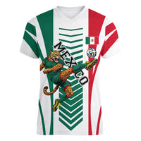 Personalized Mexico Football Women V-Neck T-Shirt Mexican Flag Jaguar Mascot Soccer Ball
