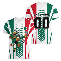 Personalized Mexico Football Women V-Neck T-Shirt Mexican Flag Jaguar Mascot Soccer Ball