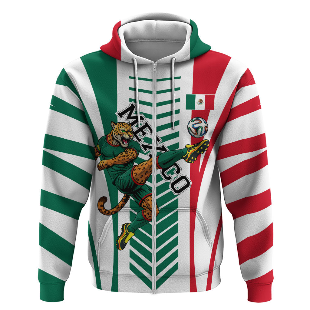 Personalized Mexico Football Zip Hoodie Mexican Flag Jaguar Mascot Soccer Ball