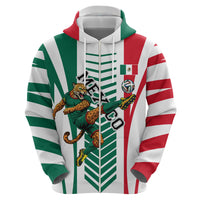 Personalized Mexico Football Zip Hoodie Mexican Flag Jaguar Mascot Soccer Ball