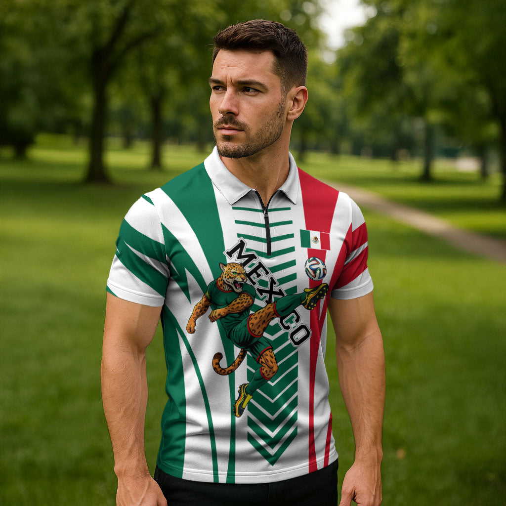 Personalized Mexico Football Zipper Polo Shirt Mexican Flag Jaguar Mascot Soccer Ball