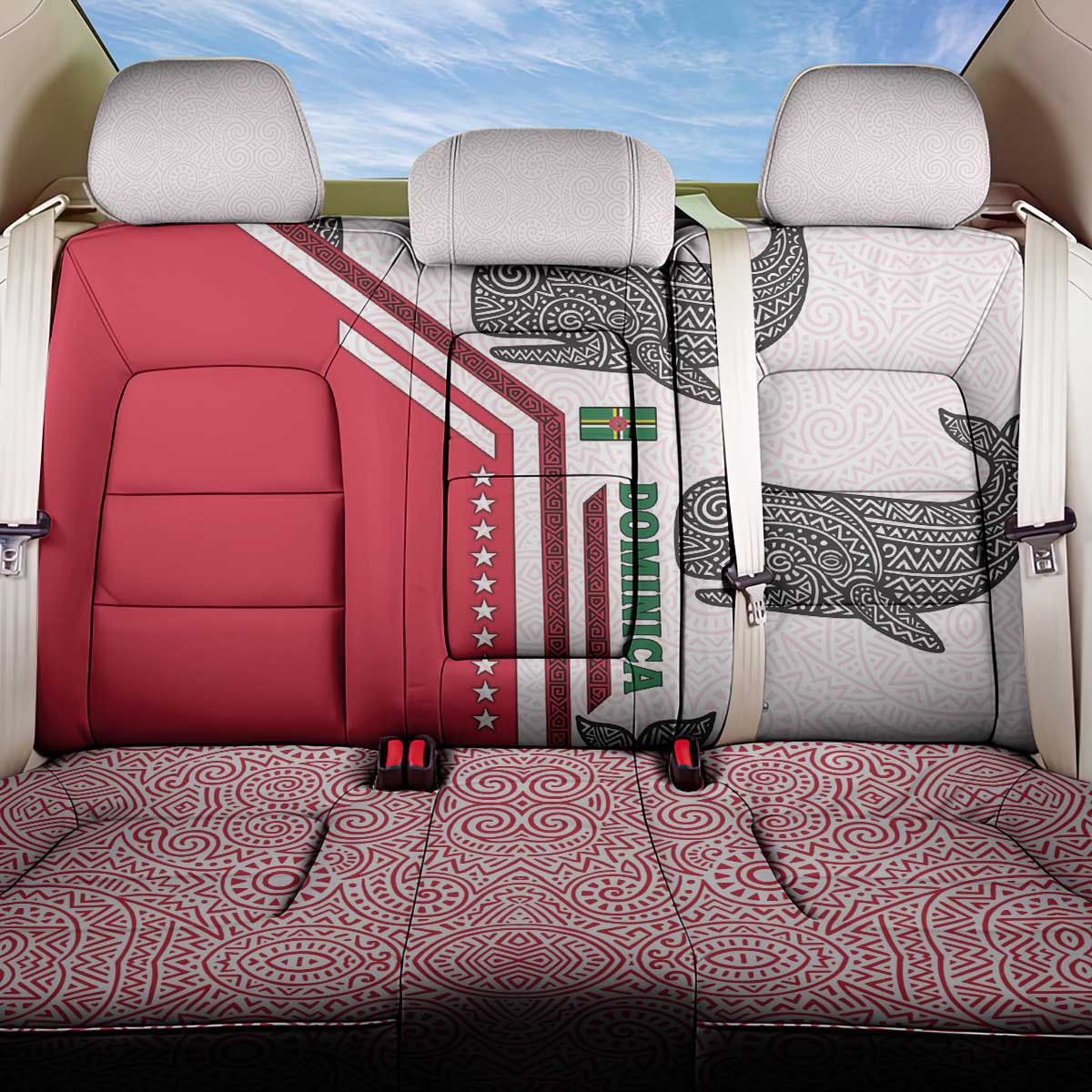 Dominica Flag Back Car Seat Cover Tribal Turtle Pattern Red and White with Island Stars Design - Wonder Print Shop