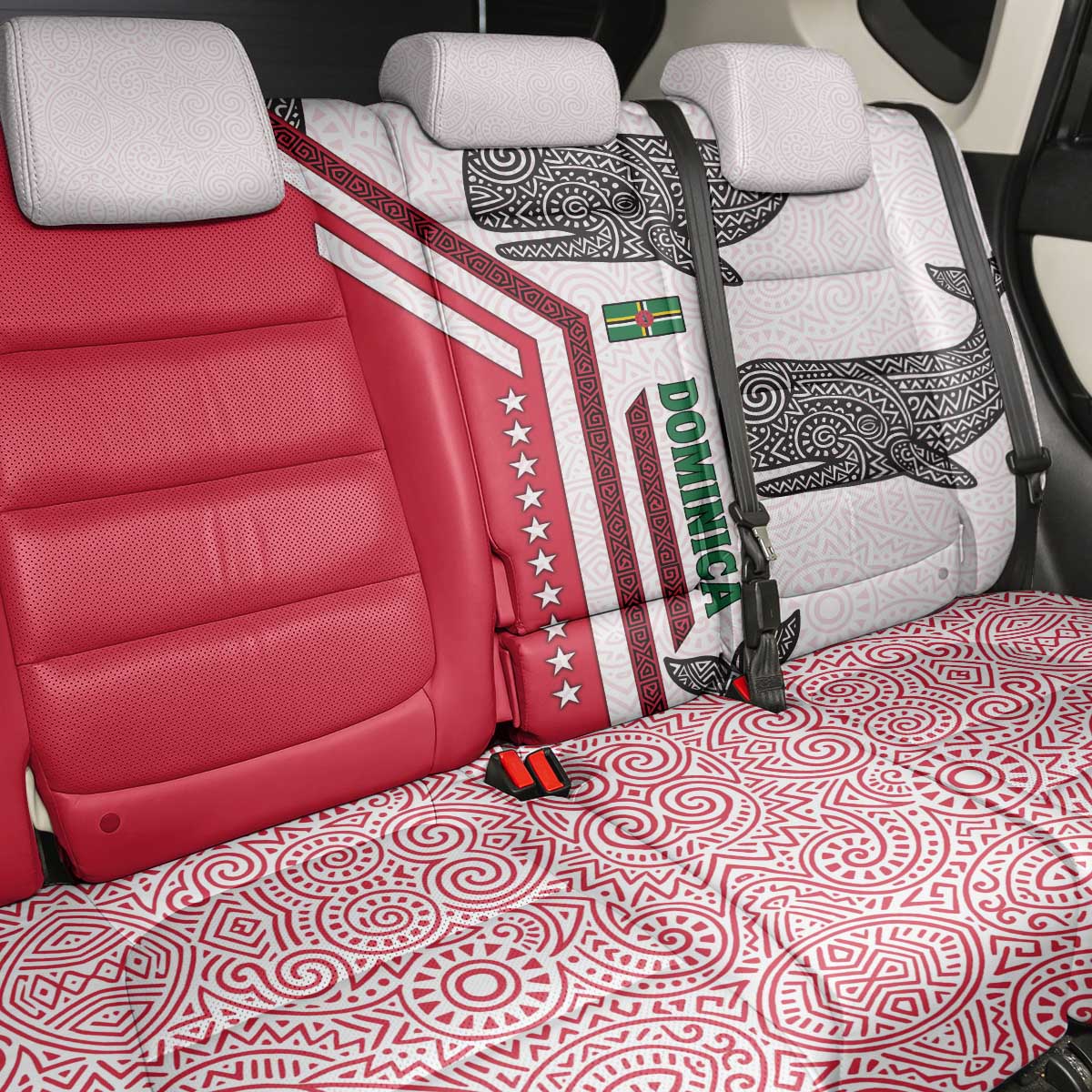 Dominica Flag Back Car Seat Cover Tribal Turtle Pattern Red and White with Island Stars Design - Wonder Print Shop