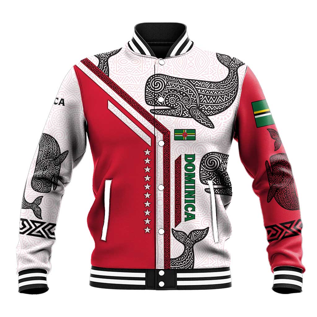 Dominica Flag Baseball Jacket Tribal Turtle Pattern Red and White with Island Stars Design - Wonder Print Shop