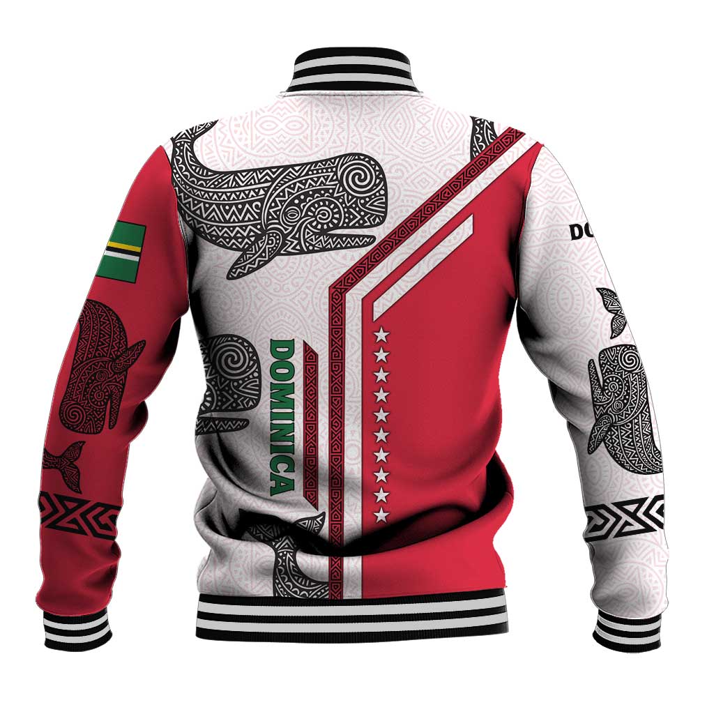 Dominica Flag Baseball Jacket Tribal Turtle Pattern Red and White with Island Stars Design - Wonder Print Shop