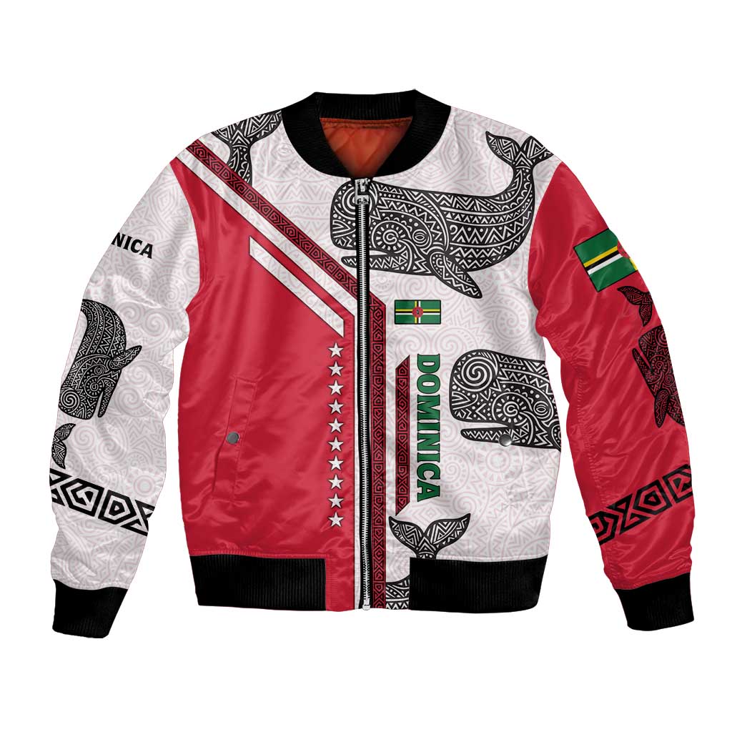 Dominica Flag Bomber Jacket Tribal Turtle Pattern Red and White with Island Stars Design - Wonder Print Shop
