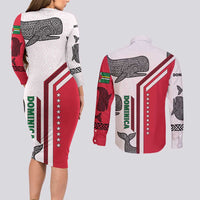 Dominica Flag Couples Matching Long Sleeve Bodycon Dress and Long Sleeve Button Shirt Tribal Turtle Pattern Red and White with Island Stars Design - Wonder Print Shop