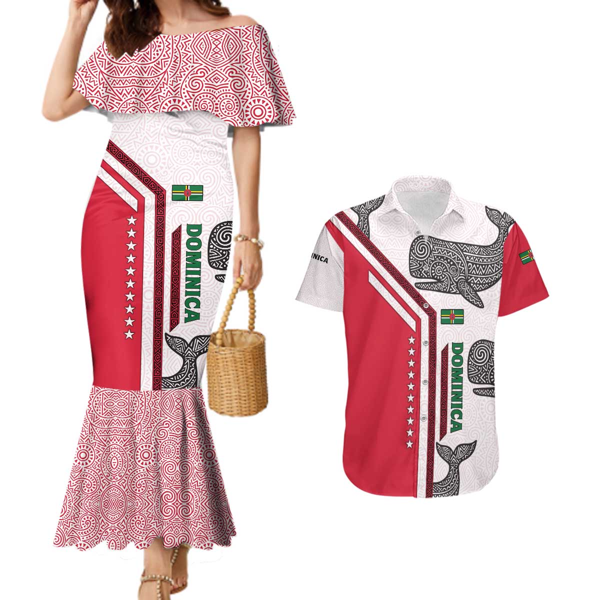 Dominica Flag Couples Matching Mermaid Dress and Hawaiian Shirt Tribal Turtle Pattern Red and White with Island Stars Design - Wonder Print Shop