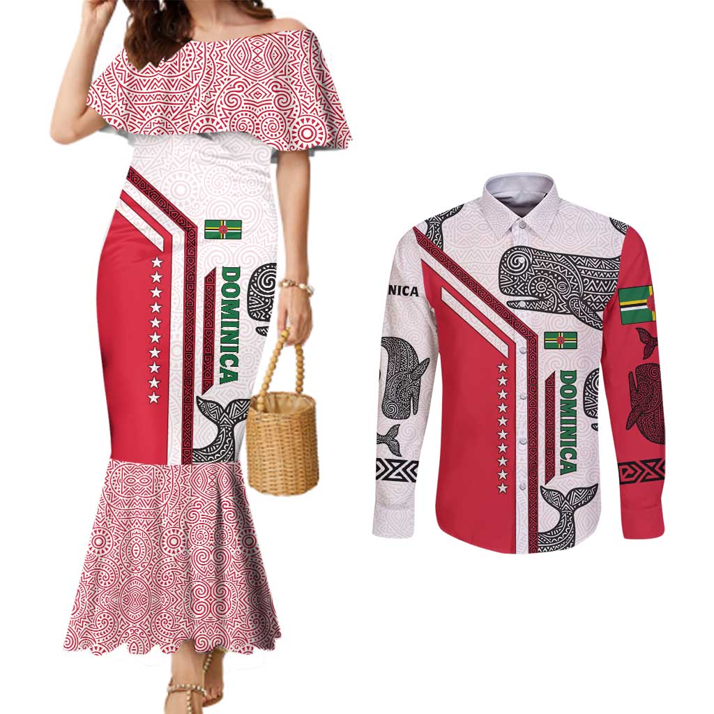 Dominica Flag Couples Matching Mermaid Dress and Long Sleeve Button Shirt Tribal Turtle Pattern Red and White with Island Stars Design - Wonder Print Shop