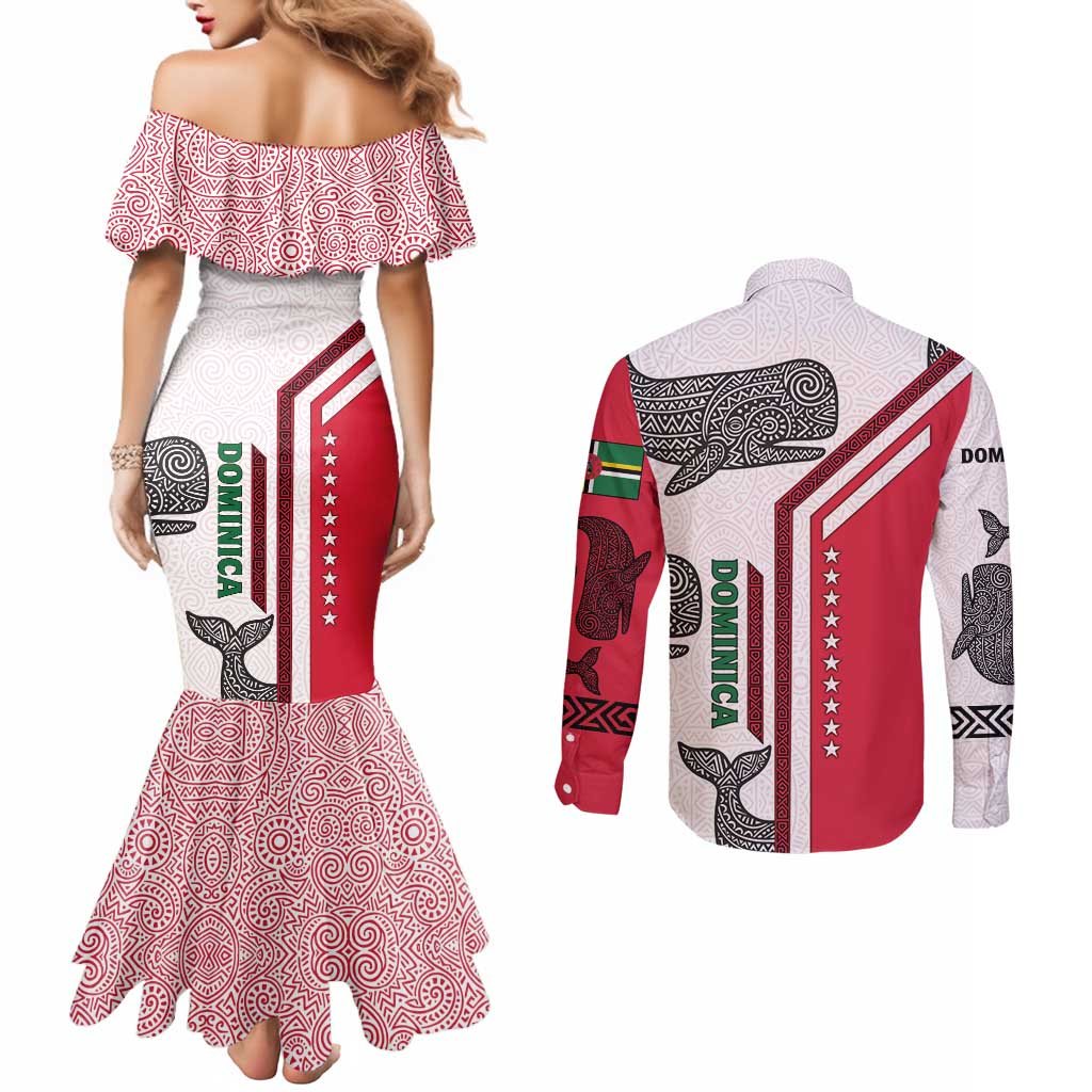 Dominica Flag Couples Matching Mermaid Dress and Long Sleeve Button Shirt Tribal Turtle Pattern Red and White with Island Stars Design - Wonder Print Shop