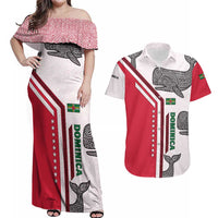 Dominica Flag Couples Matching Off Shoulder Maxi Dress and Hawaiian Shirt Tribal Turtle Pattern Red and White with Island Stars Design - Wonder Print Shop
