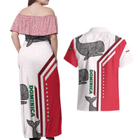 Dominica Flag Couples Matching Off Shoulder Maxi Dress and Hawaiian Shirt Tribal Turtle Pattern Red and White with Island Stars Design - Wonder Print Shop