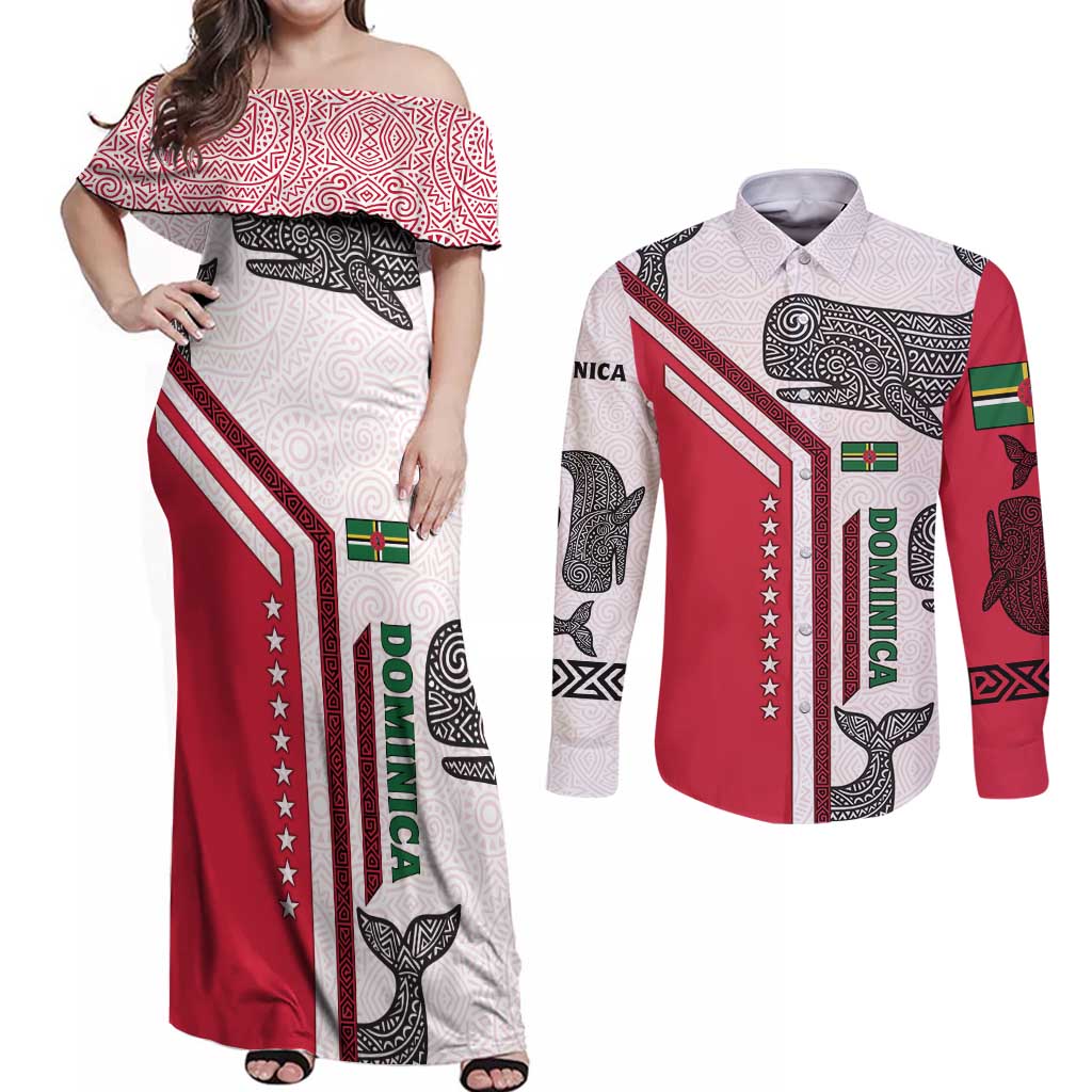 Dominica Flag Couples Matching Off Shoulder Maxi Dress and Long Sleeve Button Shirt Tribal Turtle Pattern Red and White with Island Stars Design - Wonder Print Shop