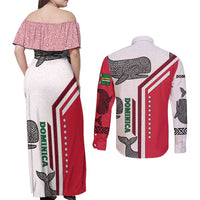 Dominica Flag Couples Matching Off Shoulder Maxi Dress and Long Sleeve Button Shirt Tribal Turtle Pattern Red and White with Island Stars Design - Wonder Print Shop