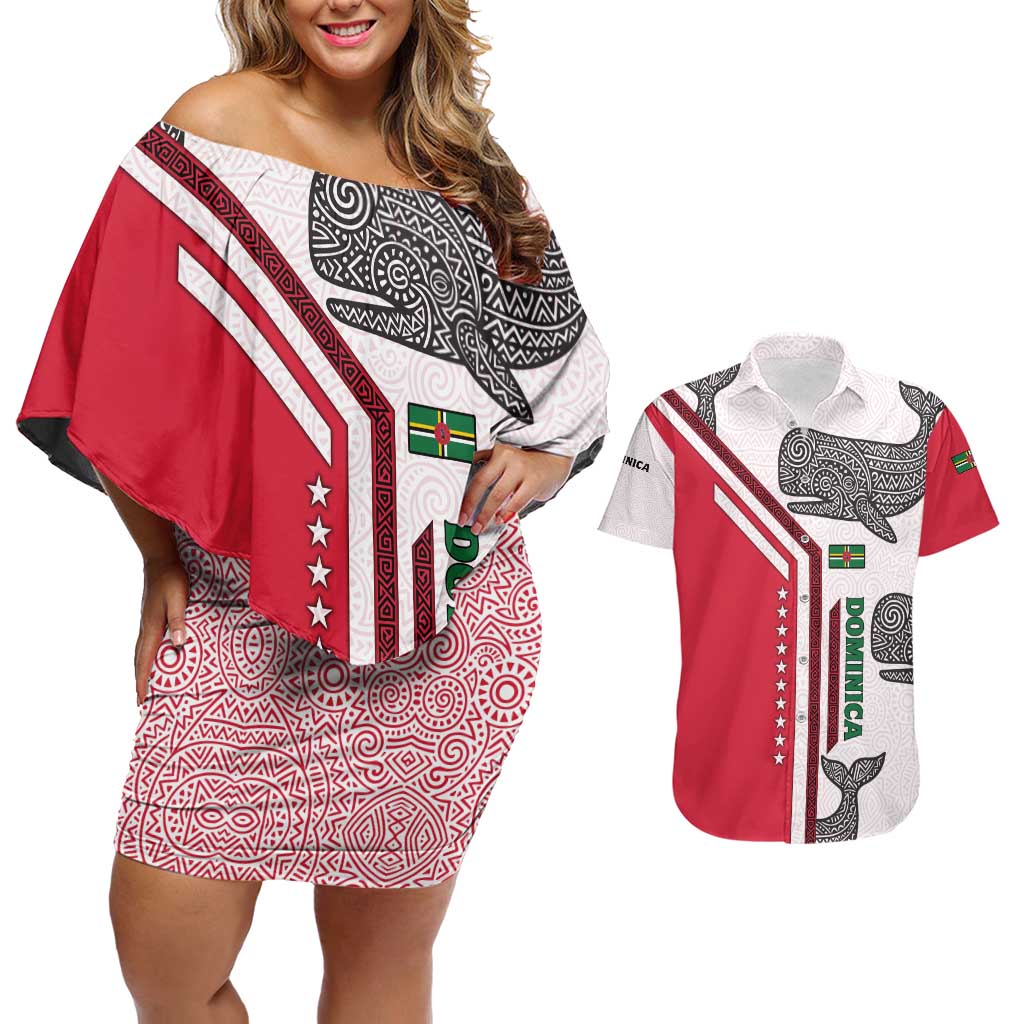 Dominica Flag Couples Matching Off Shoulder Short Dress and Hawaiian Shirt Tribal Turtle Pattern Red and White with Island Stars Design - Wonder Print Shop