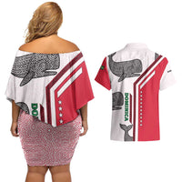 Dominica Flag Couples Matching Off Shoulder Short Dress and Hawaiian Shirt Tribal Turtle Pattern Red and White with Island Stars Design - Wonder Print Shop