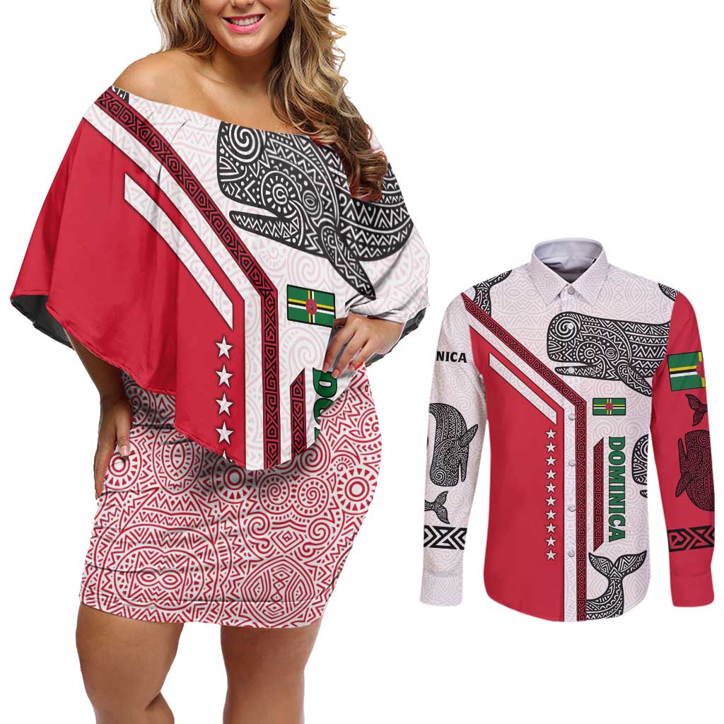 Dominica Flag Couples Matching Off Shoulder Short Dress and Long Sleeve Button Shirt Tribal Turtle Pattern Red and White with Island Stars Design - Wonder Print Shop