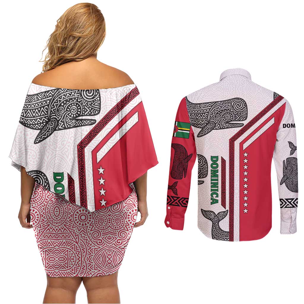Dominica Flag Couples Matching Off Shoulder Short Dress and Long Sleeve Button Shirt Tribal Turtle Pattern Red and White with Island Stars Design - Wonder Print Shop