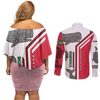 Dominica Flag Couples Matching Off Shoulder Short Dress and Long Sleeve Button Shirt Tribal Turtle Pattern Red and White with Island Stars Design - Wonder Print Shop
