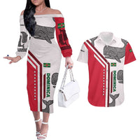 Dominica Flag Couples Matching Off The Shoulder Long Sleeve Dress and Hawaiian Shirt Tribal Turtle Pattern Red and White with Island Stars Design - Wonder Print Shop
