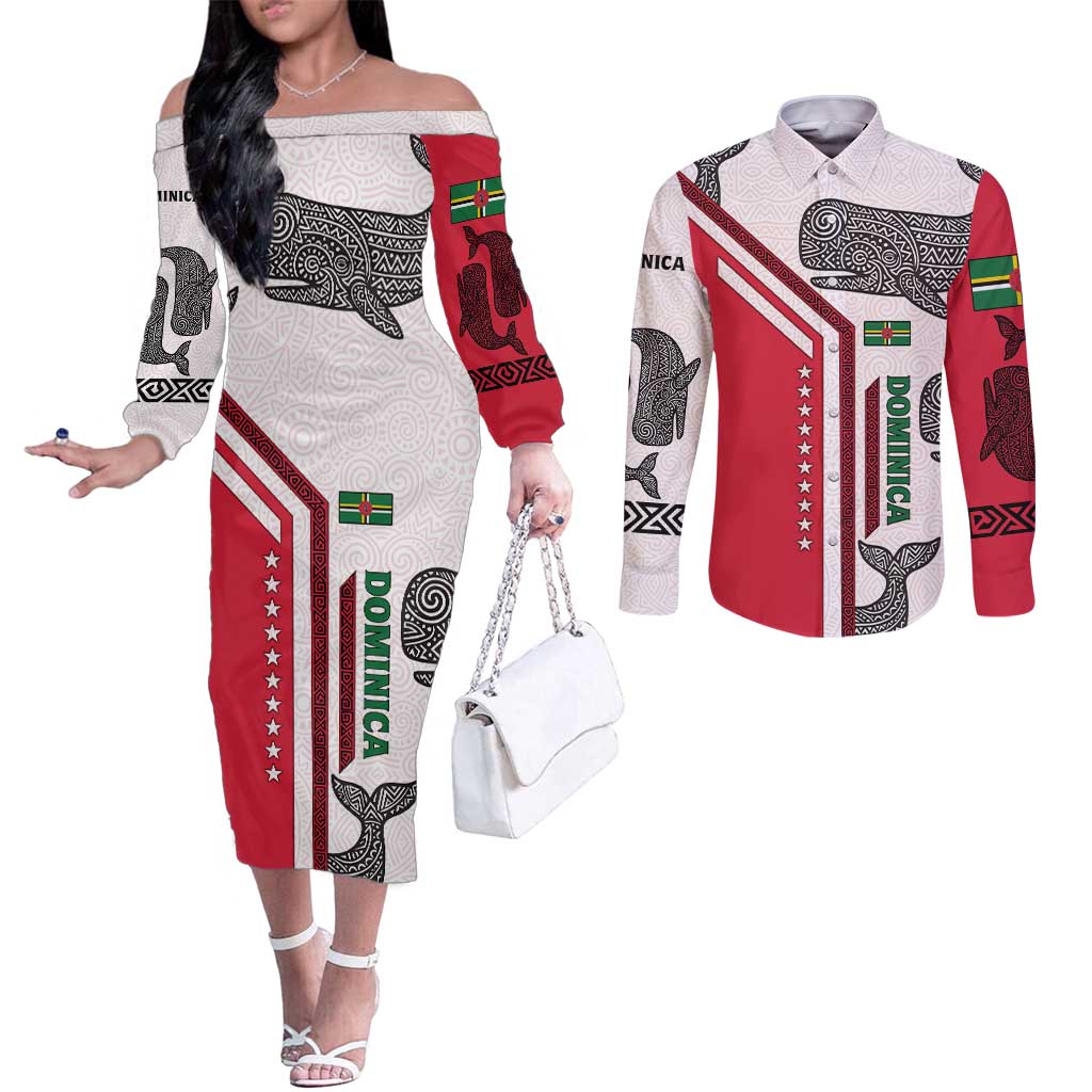 Dominica Flag Couples Matching Off The Shoulder Long Sleeve Dress and Long Sleeve Button Shirt Tribal Turtle Pattern Red and White with Island Stars Design - Wonder Print Shop