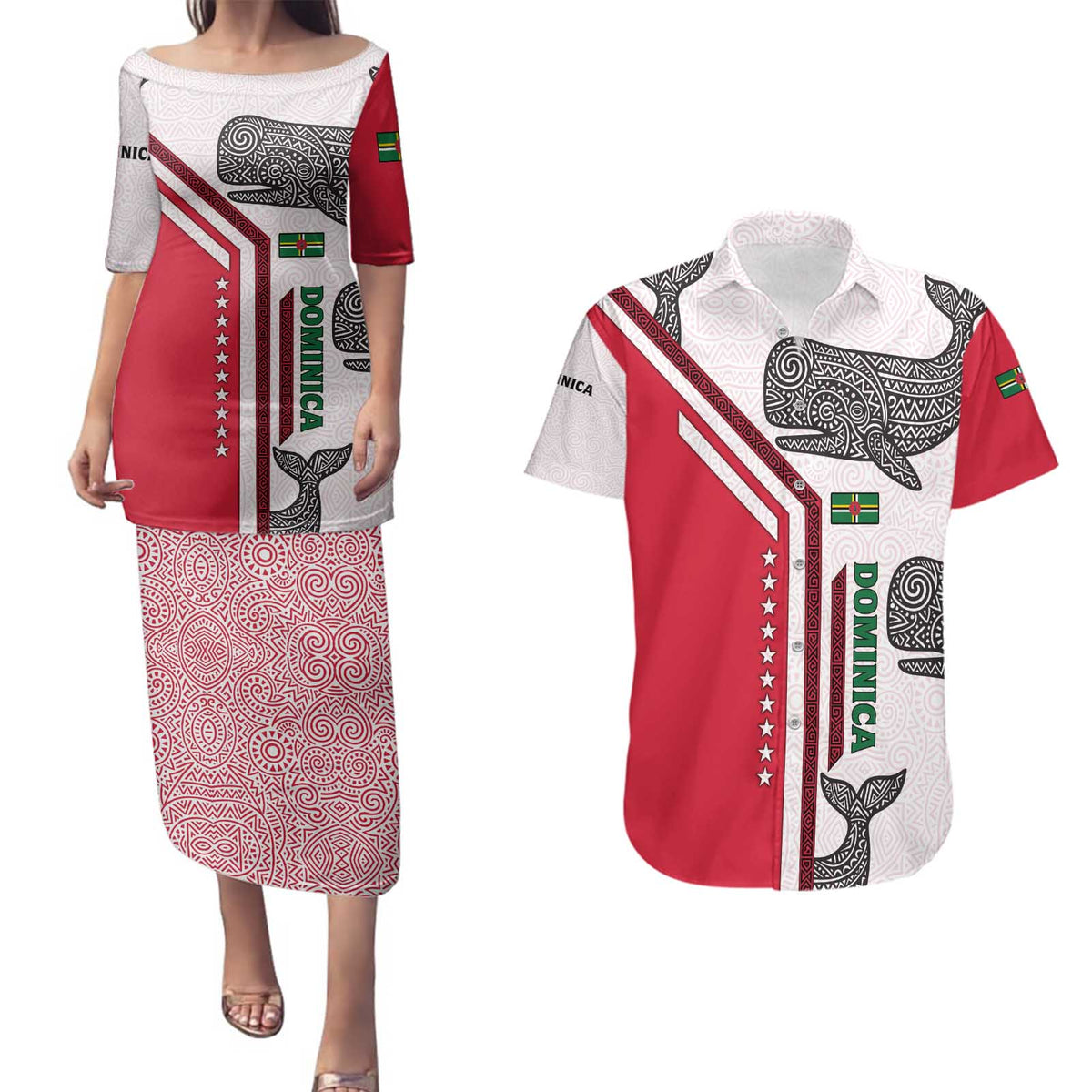 Dominica Flag Couples Matching Puletasi and Hawaiian Shirt Tribal Turtle Pattern Red and White with Island Stars Design - Wonder Print Shop