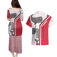 Dominica Flag Couples Matching Puletasi and Hawaiian Shirt Tribal Turtle Pattern Red and White with Island Stars Design - Wonder Print Shop