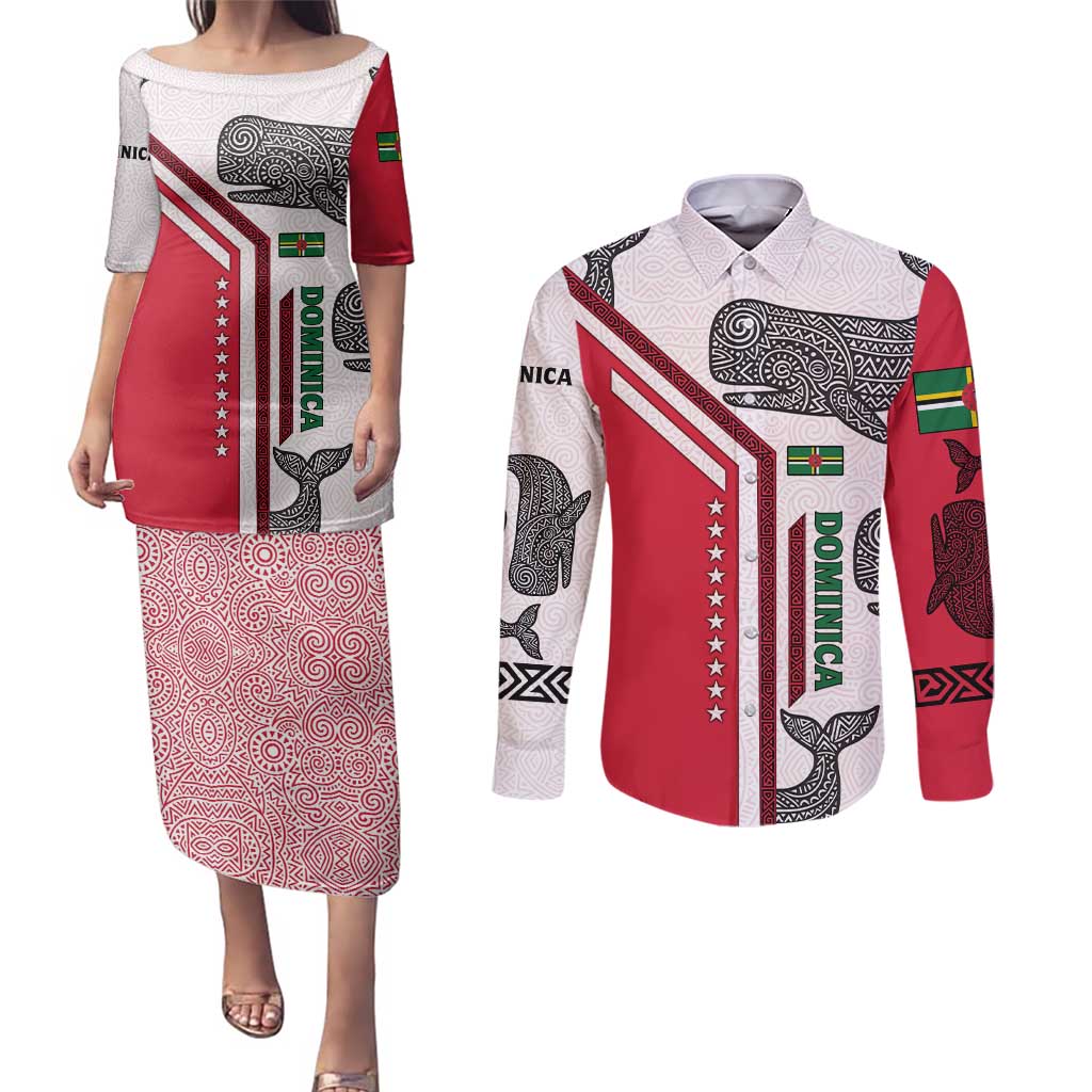 Dominica Flag Couples Matching Puletasi and Long Sleeve Button Shirt Tribal Turtle Pattern Red and White with Island Stars Design - Wonder Print Shop