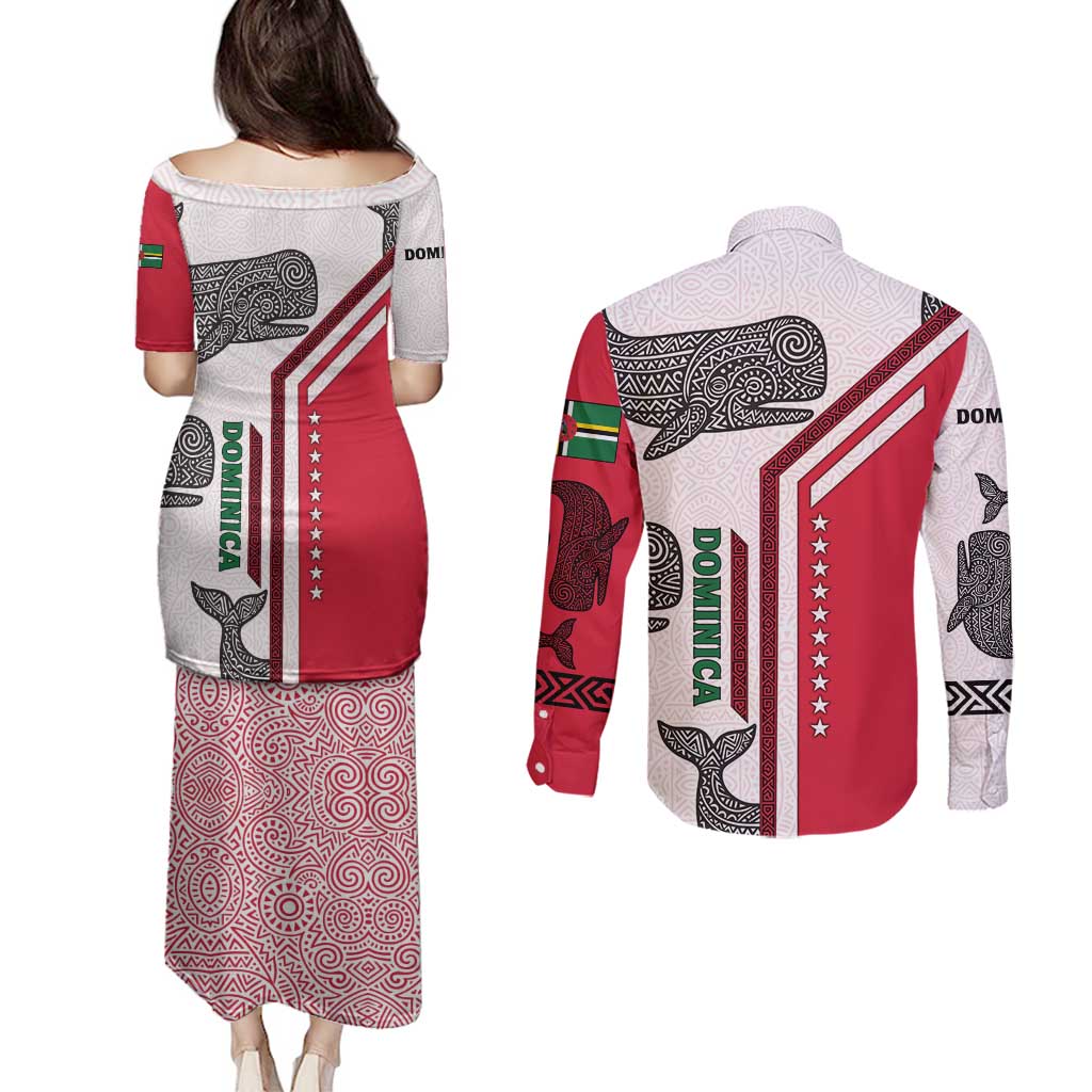 Dominica Flag Couples Matching Puletasi and Long Sleeve Button Shirt Tribal Turtle Pattern Red and White with Island Stars Design - Wonder Print Shop