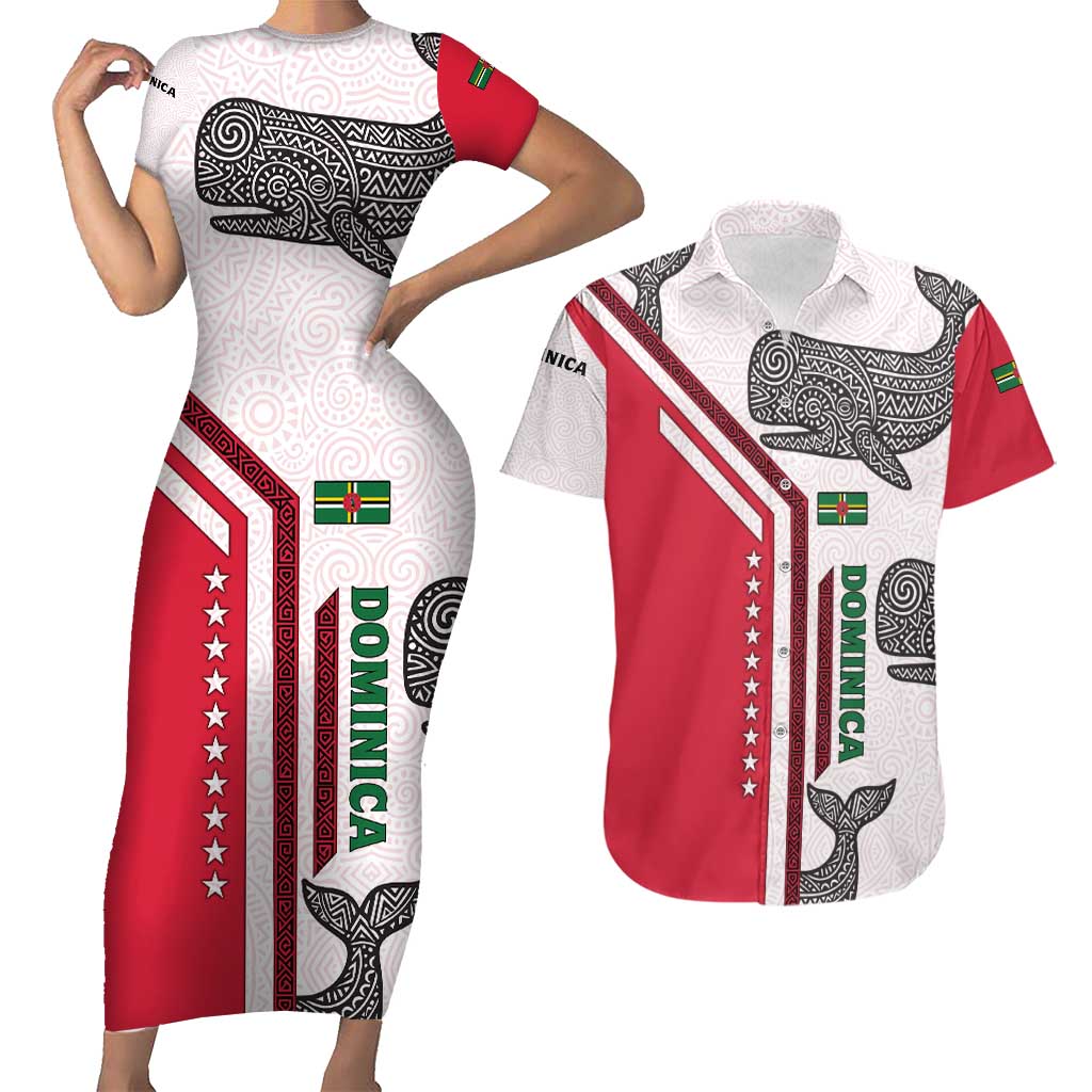 Dominica Flag Couples Matching Short Sleeve Bodycon Dress and Hawaiian Shirt Tribal Turtle Pattern Red and White with Island Stars Design - Wonder Print Shop