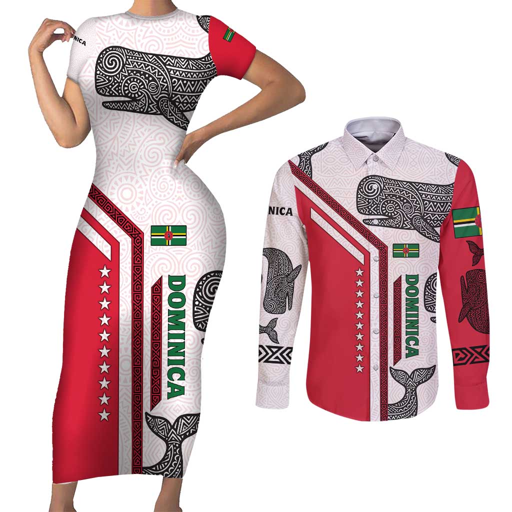 Dominica Flag Couples Matching Short Sleeve Bodycon Dress and Long Sleeve Button Shirt Tribal Turtle Pattern Red and White with Island Stars Design - Wonder Print Shop