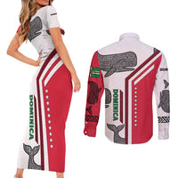 Dominica Flag Couples Matching Short Sleeve Bodycon Dress and Long Sleeve Button Shirt Tribal Turtle Pattern Red and White with Island Stars Design - Wonder Print Shop