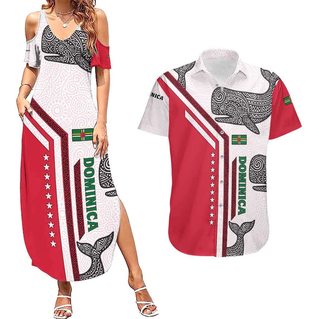 Dominica Flag Couples Matching Summer Maxi Dress and Hawaiian Shirt Tribal Turtle Pattern Red and White with Island Stars Design - Wonder Print Shop
