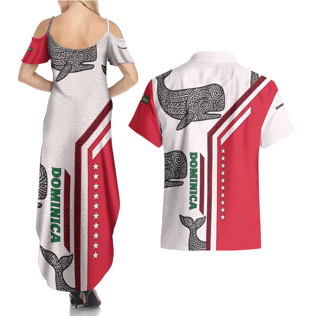 Dominica Flag Couples Matching Summer Maxi Dress and Hawaiian Shirt Tribal Turtle Pattern Red and White with Island Stars Design - Wonder Print Shop