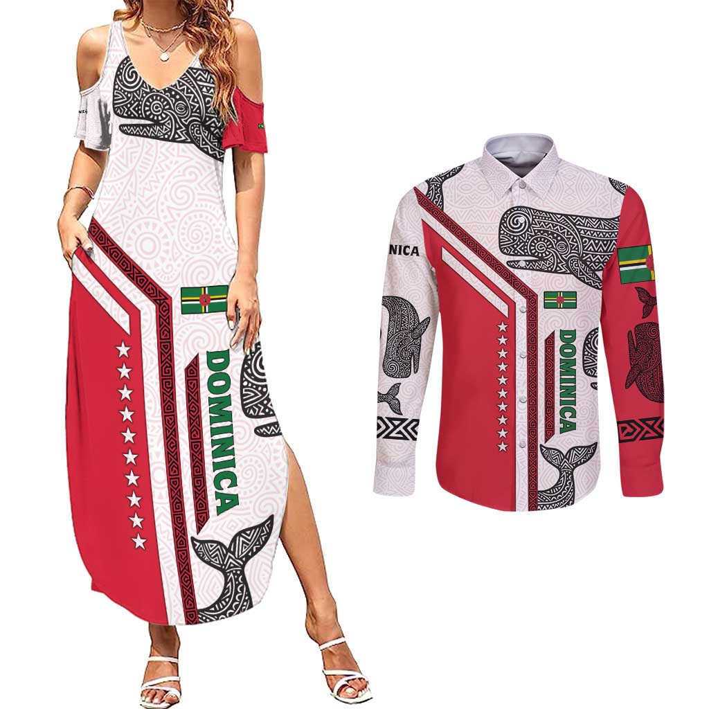 Dominica Flag Couples Matching Summer Maxi Dress and Long Sleeve Button Shirt Tribal Turtle Pattern Red and White with Island Stars Design - Wonder Print Shop